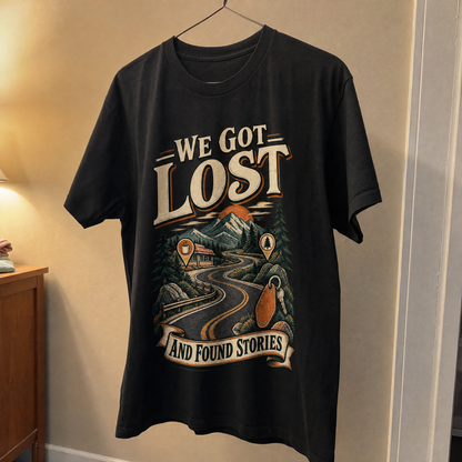 Black vintage t-shirt hanging with printed “We Got Lost And Found Stories” mountain road design.