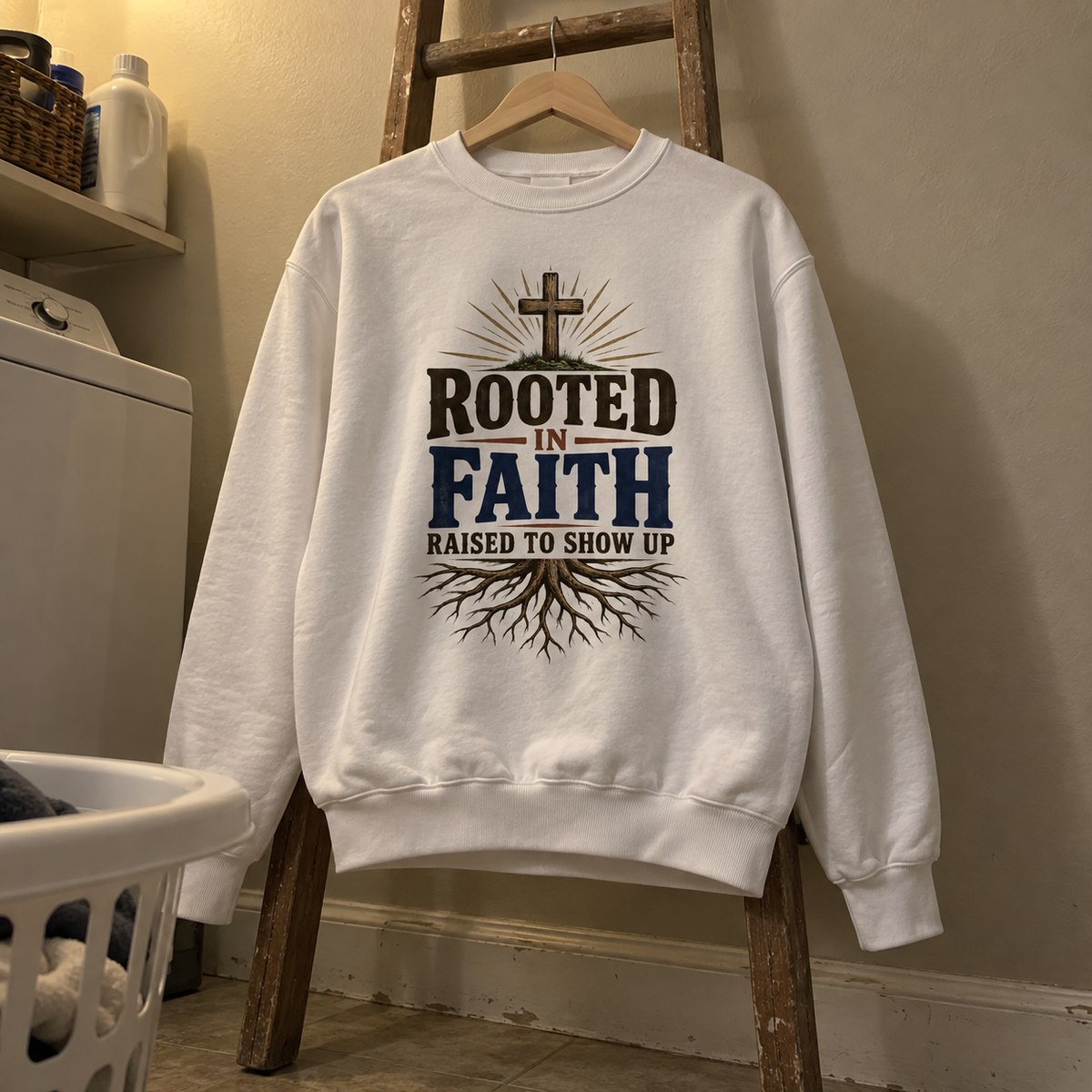 White vintage sweatshirt hanging with printed Rooted In Faith Raised To Show Up and cross