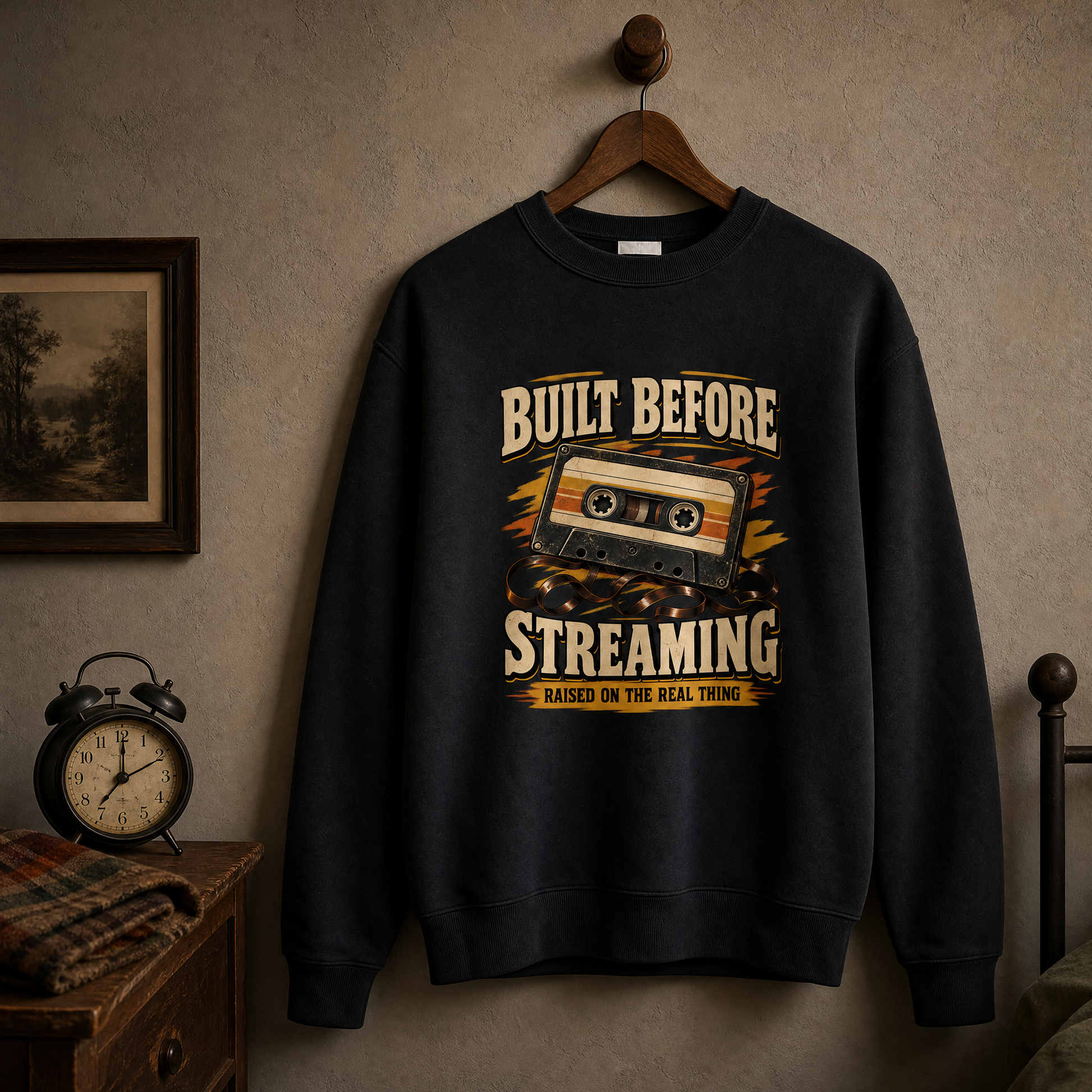 Black vintage sweatshirt hanging with printed Built Before Streaming cassette design