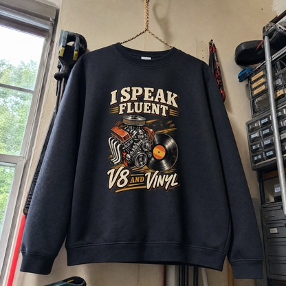 vintage sweatshirt on hanger with 32 v8 and vinyl ideogram 4x printed design