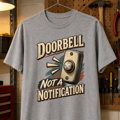 Gray vintage t-shirt hanging, featuring printed Doorbell. Not A Notification design.