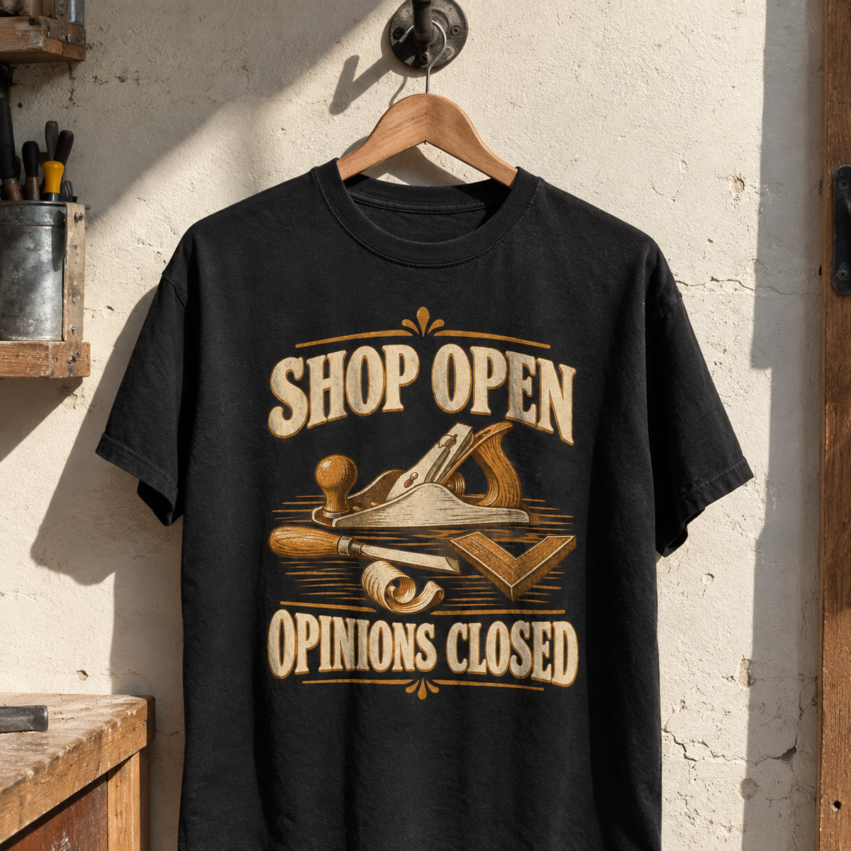 Black vintage t-shirt hanging with printed Shop Open Opinions Closed woodworking design