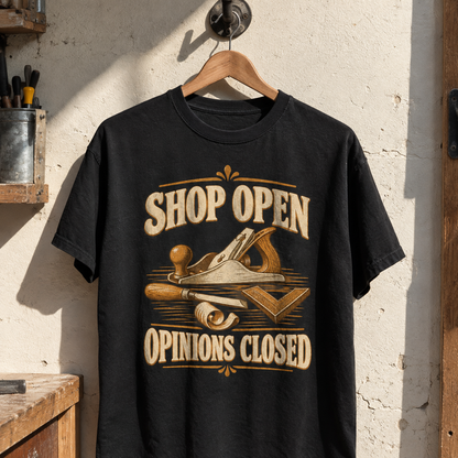 Black vintage t-shirt hanging with printed Shop Open Opinions Closed woodworking design