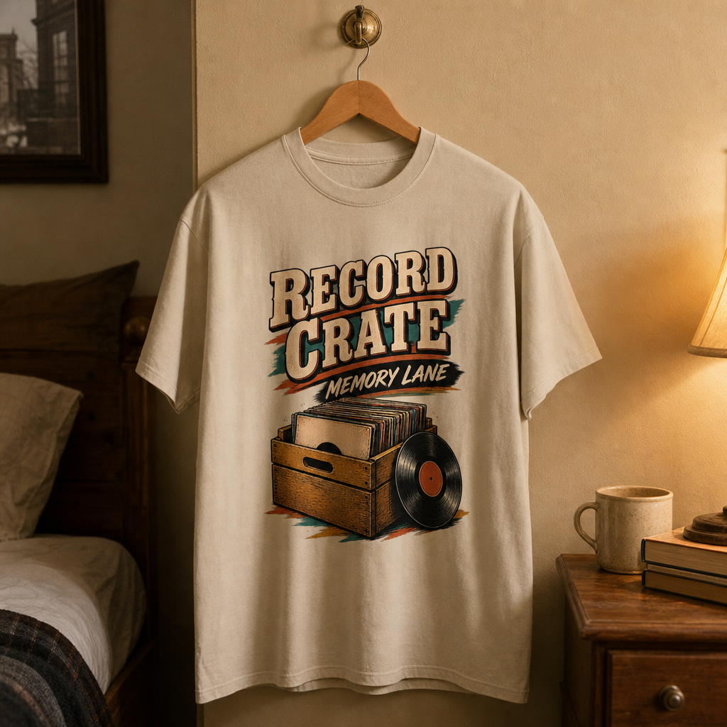 Cream vintage t-shirt hanging with printed Record Crate Memory Lane vinyl record design