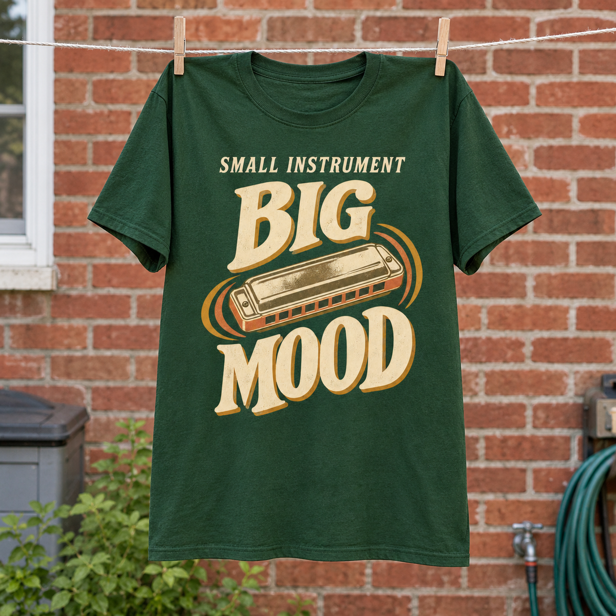 Green vintage t-shirt hanging with printed “Small Instrument. Big Mood” harmonica design.