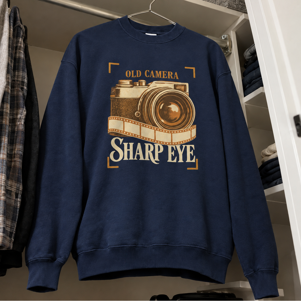 Navy vintage sweatshirt hanging with printed Old Camera Sharp Eye design and retro camera graphic