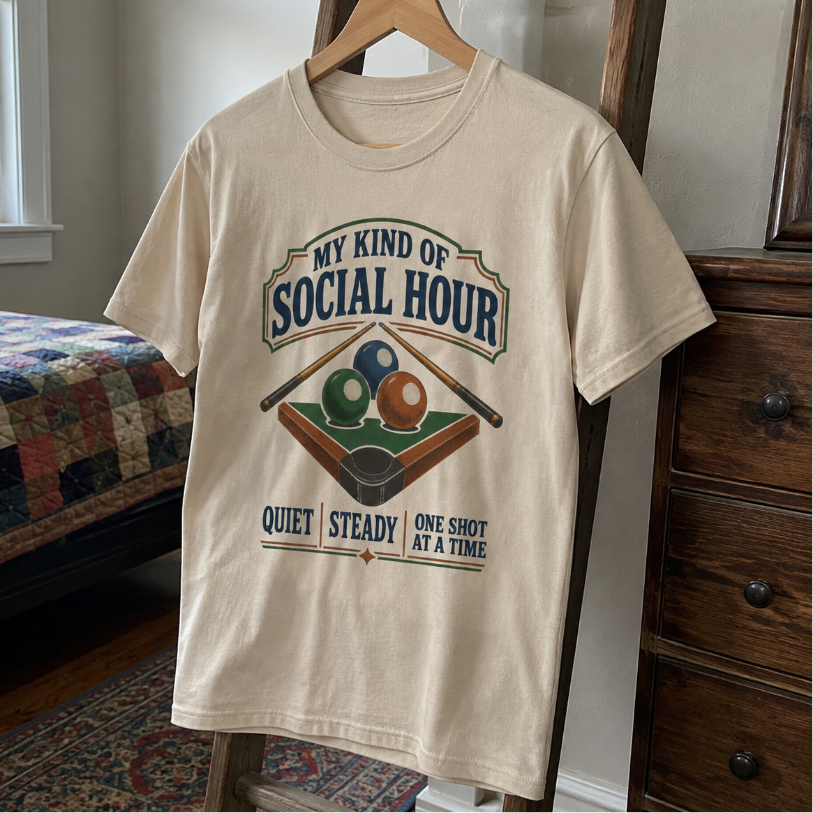 Cream vintage t-shirt hanging with printed billiards design and My Kind Of Social Hour slogan