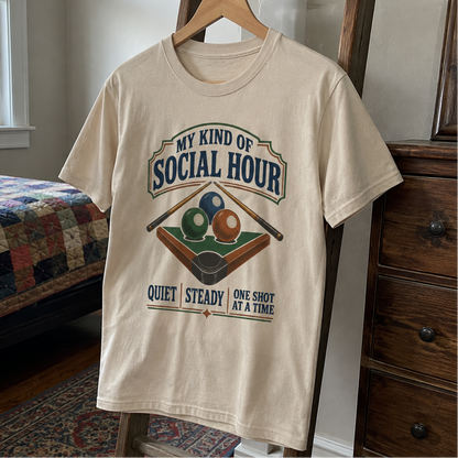 Cream vintage t-shirt hanging with printed billiards design and My Kind Of Social Hour slogan