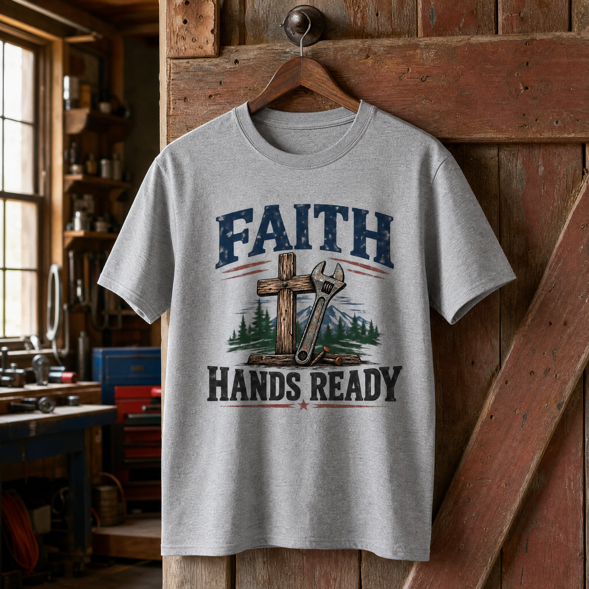 Gray vintage t-shirt hanging with printed Faith Hands Ready design in rustic workshop