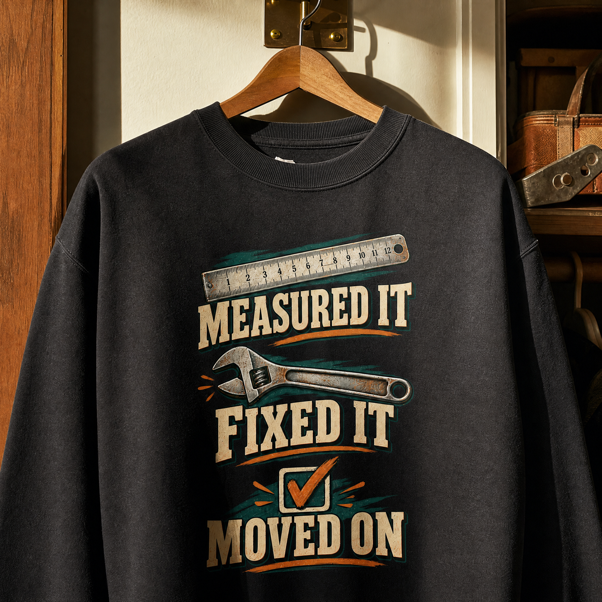 Black vintage sweatshirt hanging with printed Measured It Fixed It Moved On design