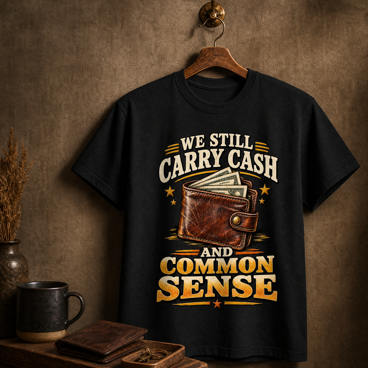 Black vintage t-shirt printed with “We Still Carry Cash And Common Sense” hanging on a wooden hanger