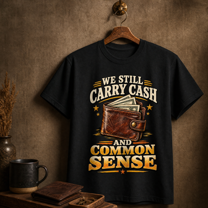 Black vintage t-shirt printed with “We Still Carry Cash And Common Sense” hanging on a wooden hanger