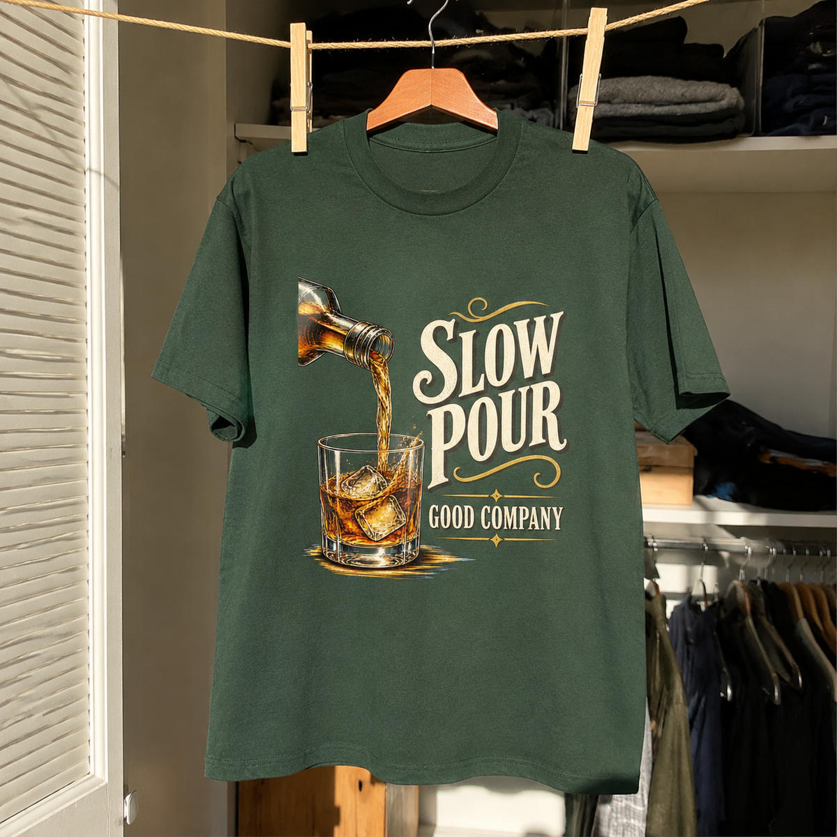 Green vintage t-shirt with printed Slow Pour Good Company design hanging on wooden hanger