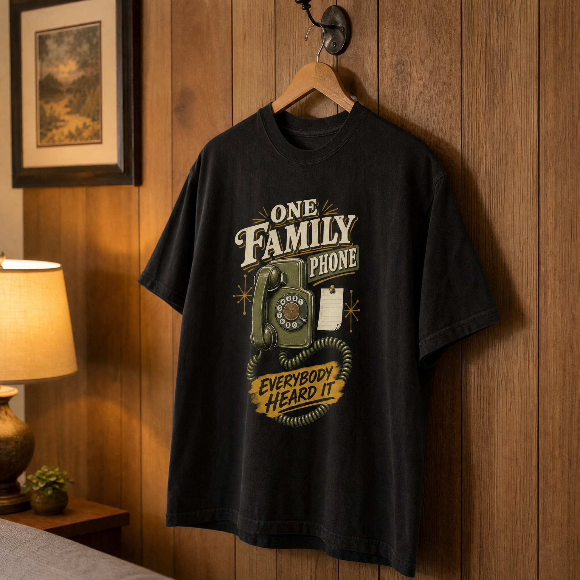 Vintage t-shirt hanging with printed One Family Phone Everybody Heard It slogan and rotary phone.