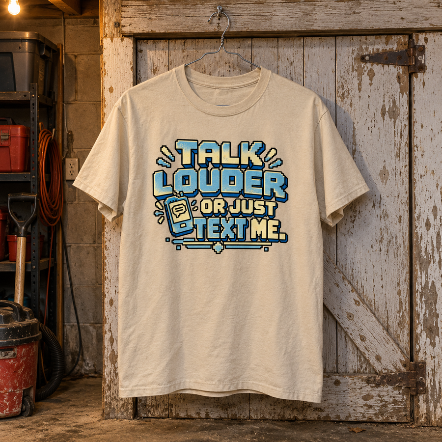 Cream vintage t-shirt hanging before wooden door, printed Talk Louder Or Just Text Me