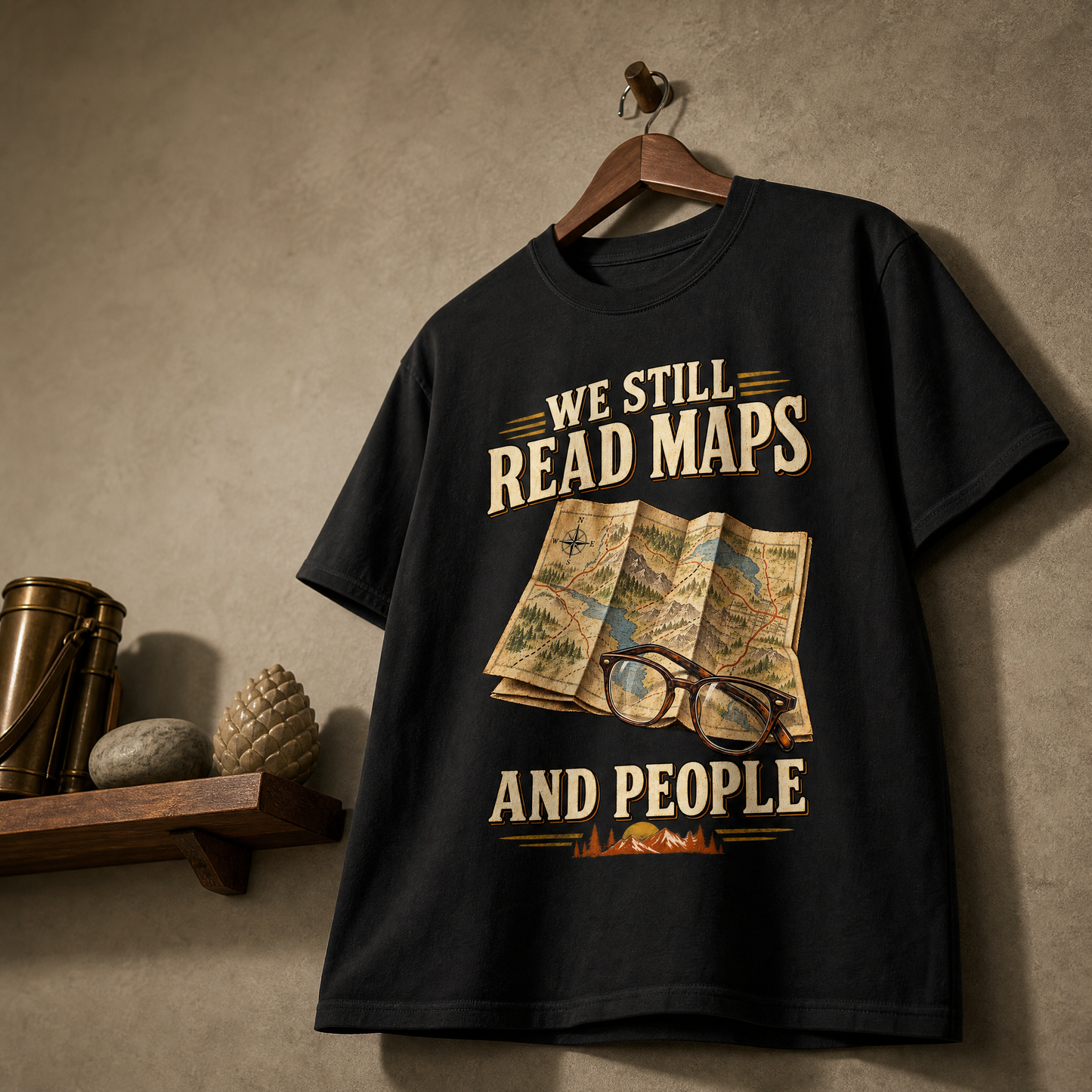 Black vintage t-shirt hanging with printed We Still Read Maps And People slogan and map design