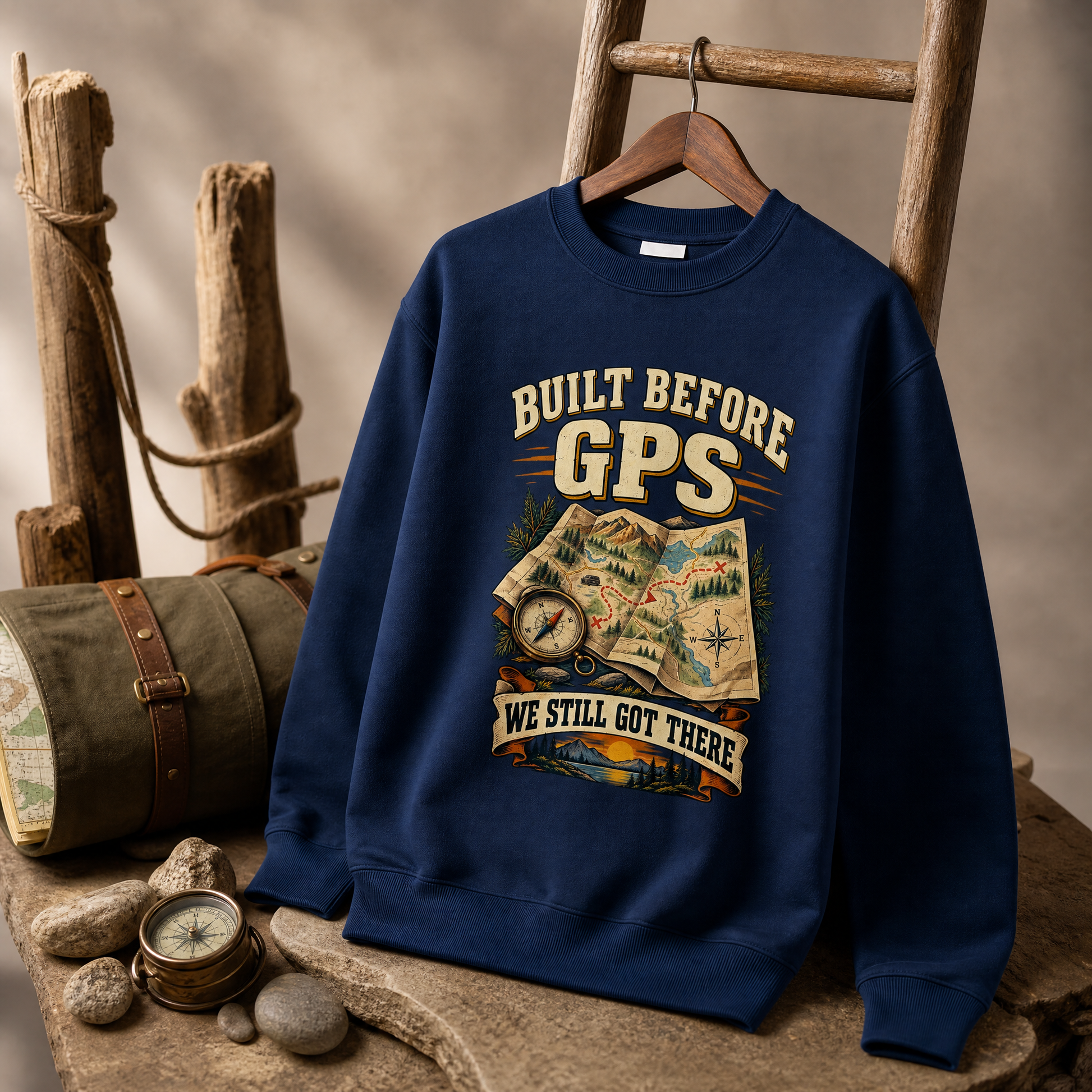 Navy vintage sweatshirt hanging with printed Built Before GPS adventure map design