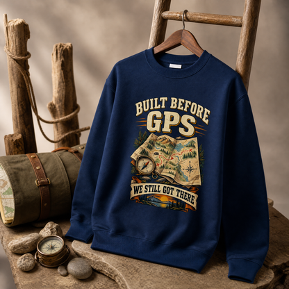 Navy vintage sweatshirt hanging with printed Built Before GPS adventure map design