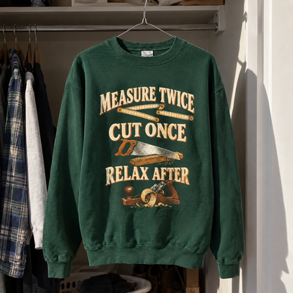 Green vintage sweatshirt hanging, printed with “Measure Twice Cut Once. Relax After” and woodworking tools.