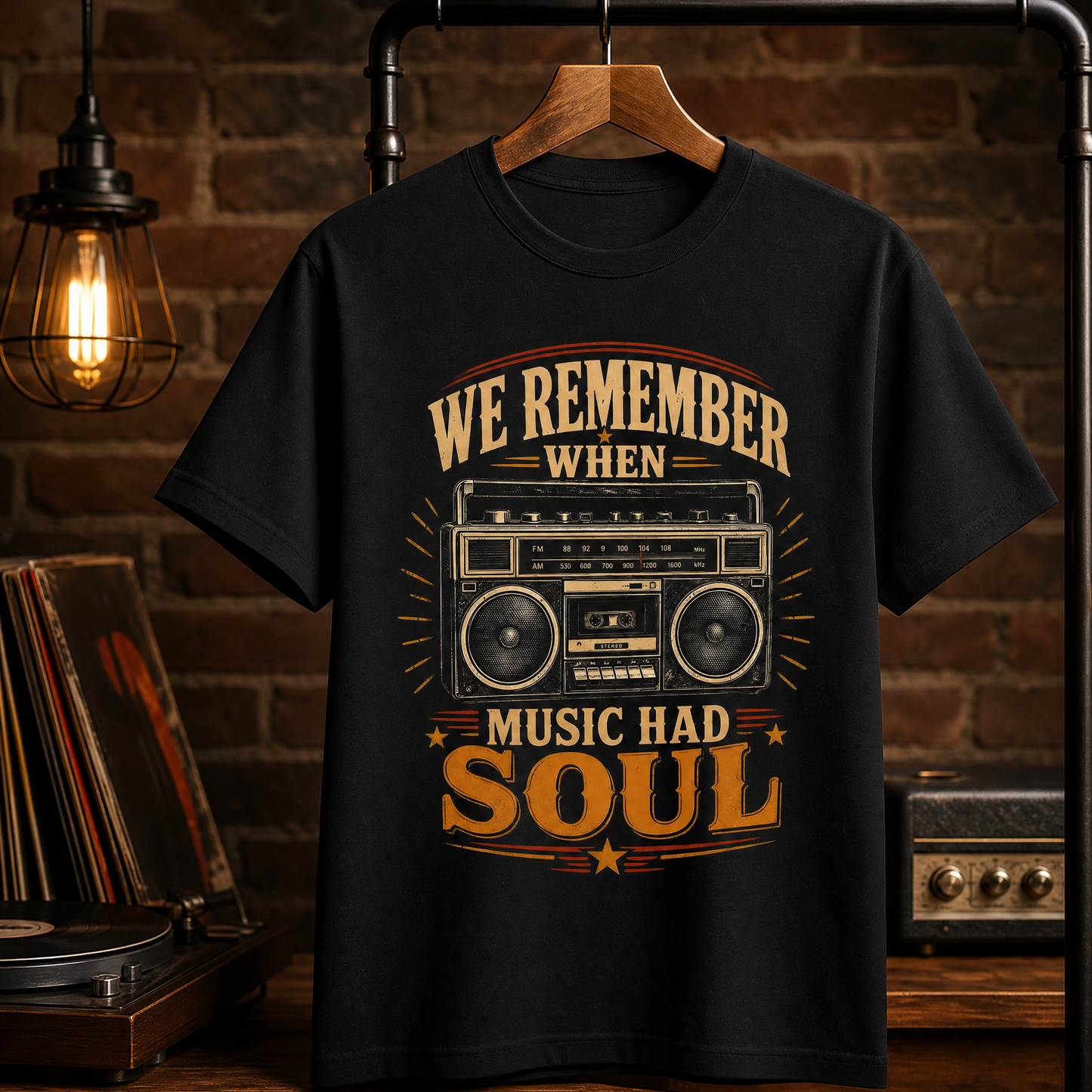 Black vintage t-shirt with printed retro radio graphic and We Remember Music Had Soul slogan