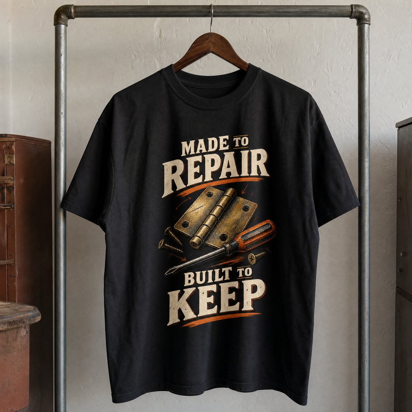Black vintage t-shirt hanging with printed Made To Repair Built To Keep slogan and tools.
