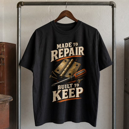 Black vintage t-shirt hanging with printed Made To Repair Built To Keep slogan and tools.