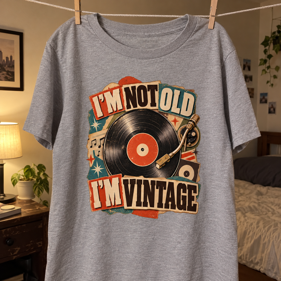 Gray vintage t-shirt hanging with printed record and I'm Not Old. I'm Vintage slogan.