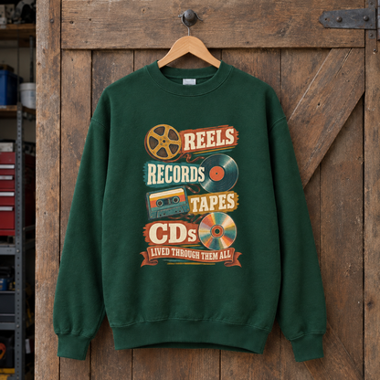 Green vintage sweatshirt hanging with printed Reels Records Tapes CDs music design