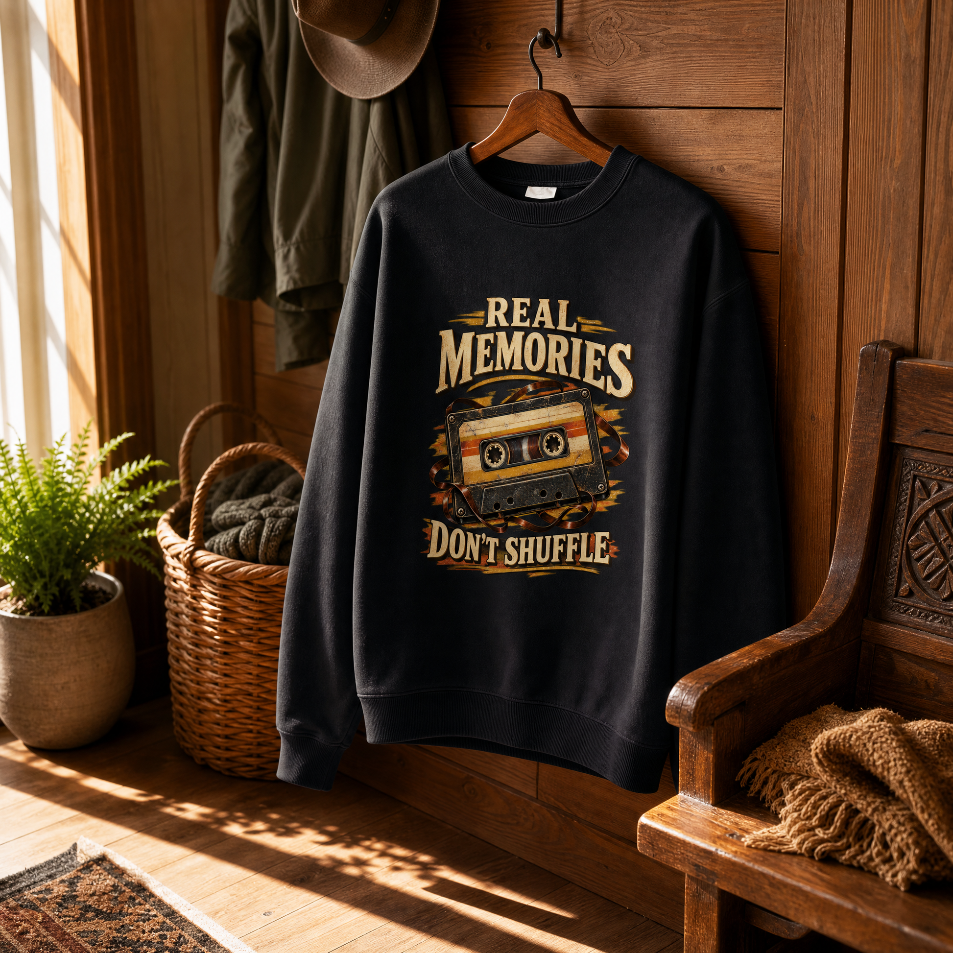 Black vintage sweatshirt hanging with printed Real Memories Don’t Shuffle cassette design.