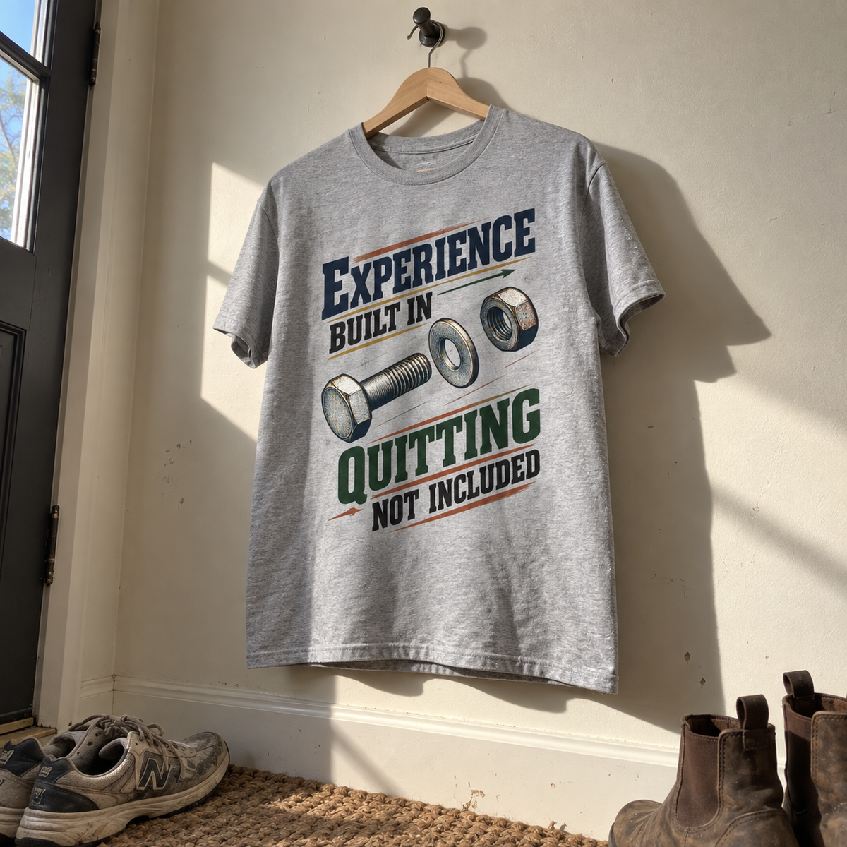 Gray vintage t-shirt hanging on wall with printed Experience Built In Quitting Not Included slogan