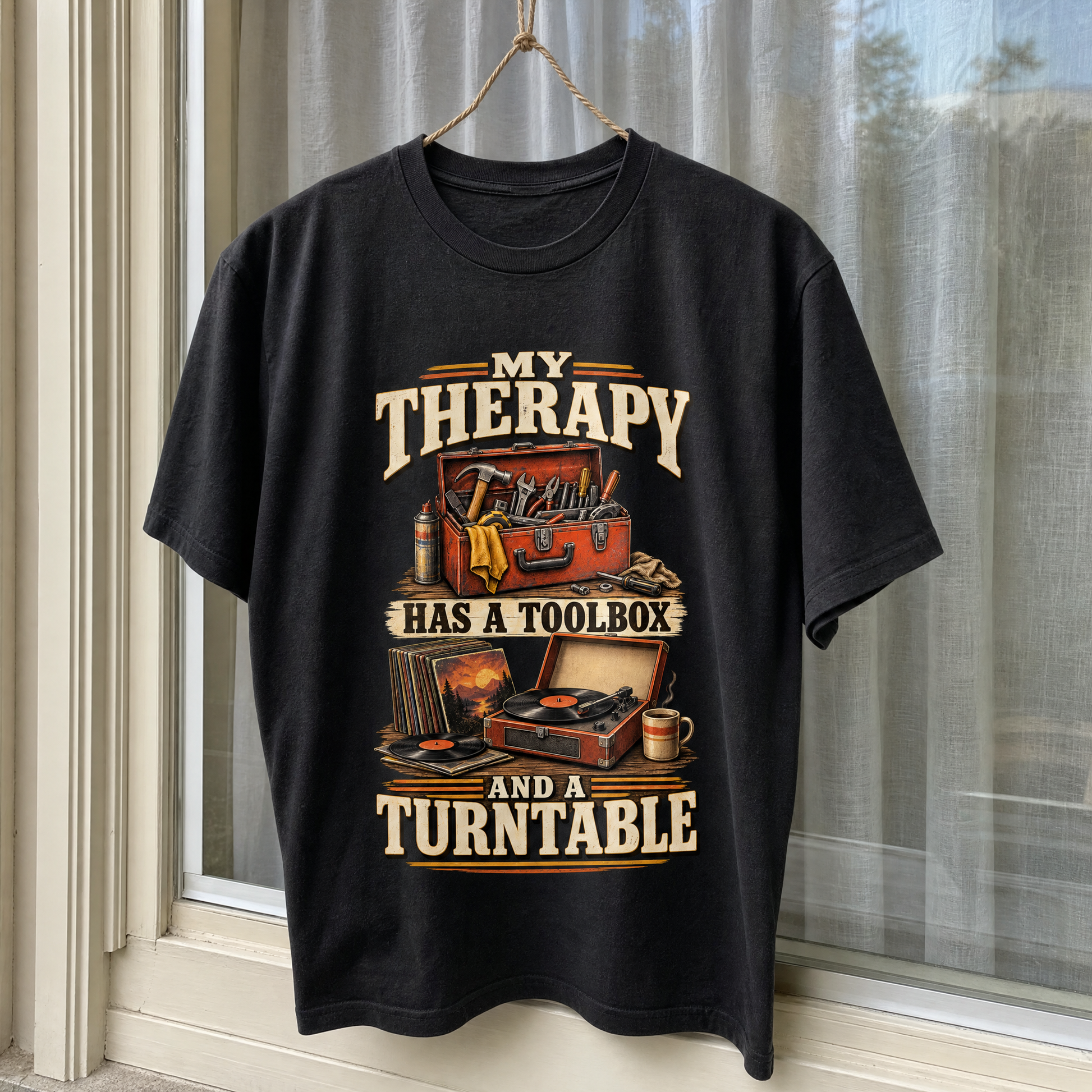 33 toolbox and turntable ideogram 4x vintage t-shirt with printed design, hanging view