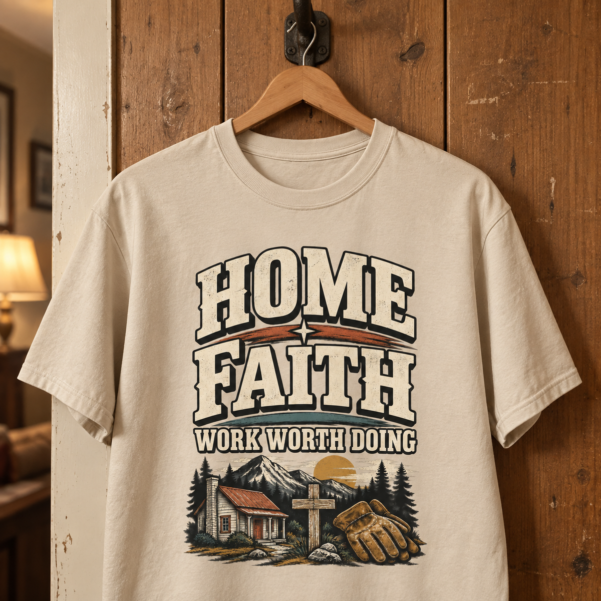 Cream vintage t-shirt hanging on a wooden door with printed Home Faith Work Worth Doing slogan.
