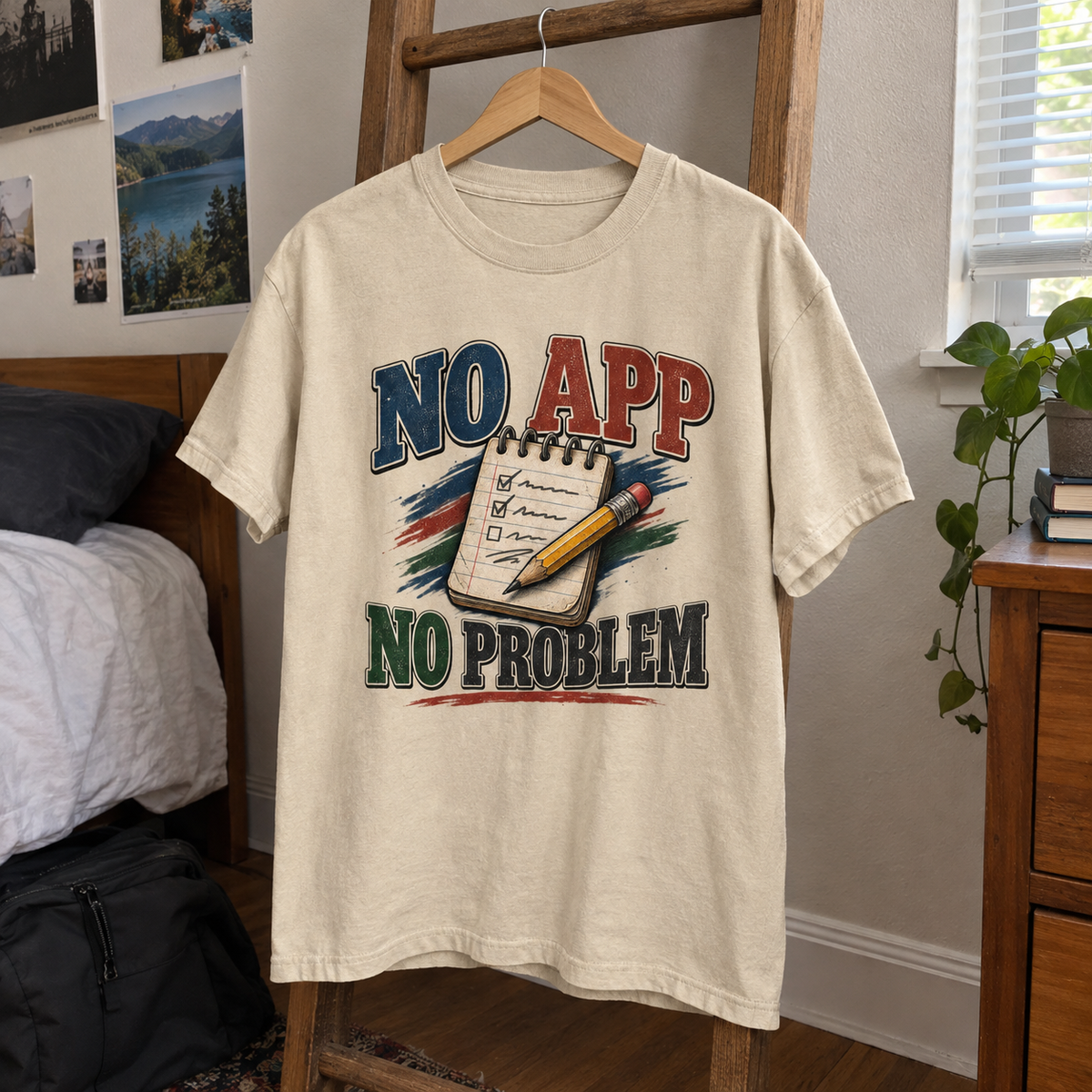 Cream vintage t-shirt hanging with printed “No App. No Problem” slogan and notebook graphic