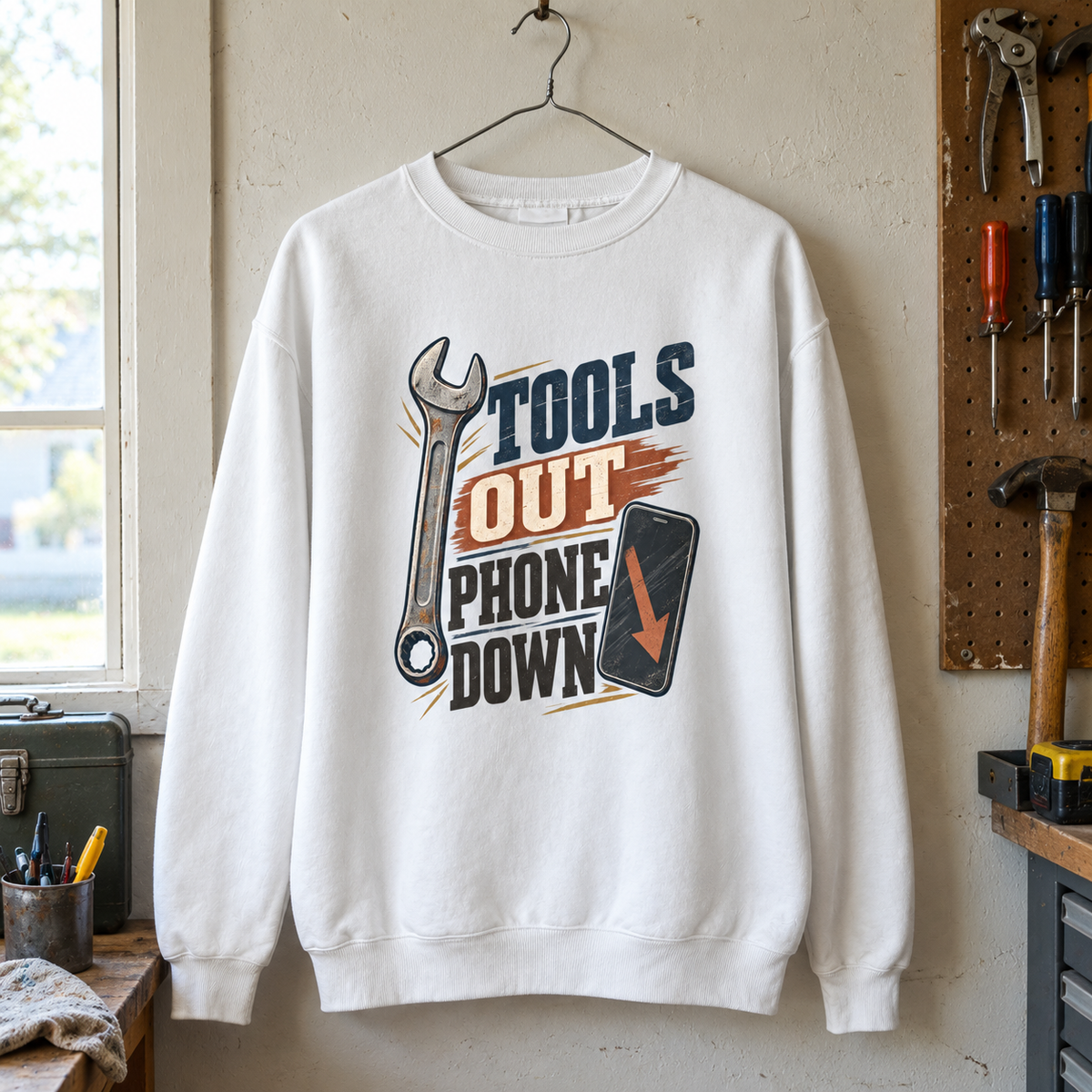White vintage sweatshirt with printed “Tools Out. Phone Down” slogan hanging in a workshop