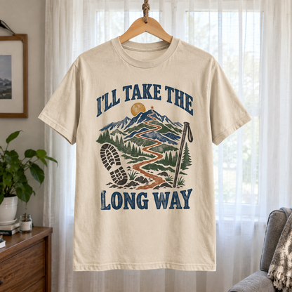 Cream vintage t-shirt hanging with printed I’LL TAKE THE LONG WAY mountain design