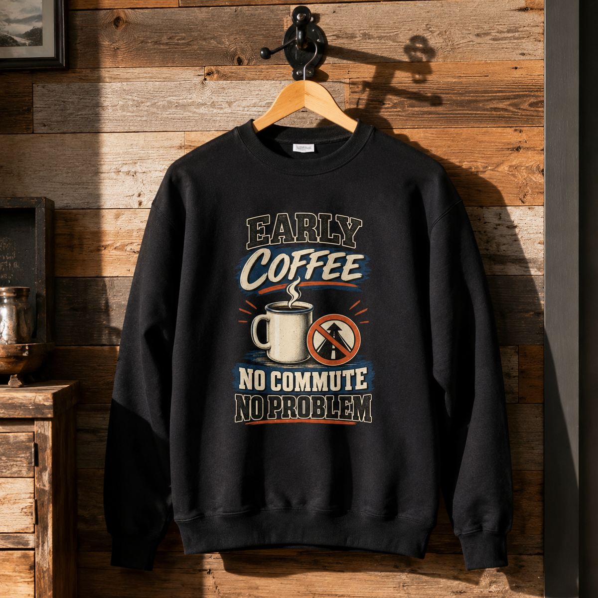 Black vintage sweatshirt with printed “Early Coffee. No Commute No Problem” slogan, hanging front view