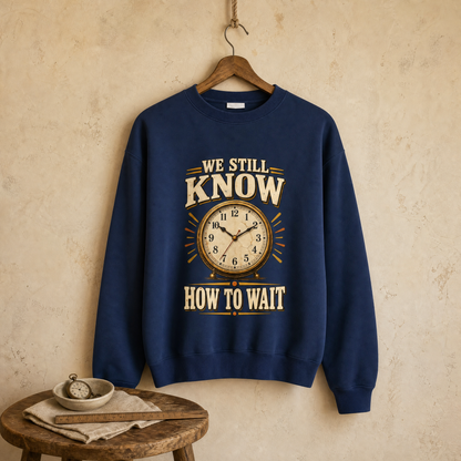 Navy vintage sweatshirt with printed “We Still Know How To Wait” clock design, hanging front view