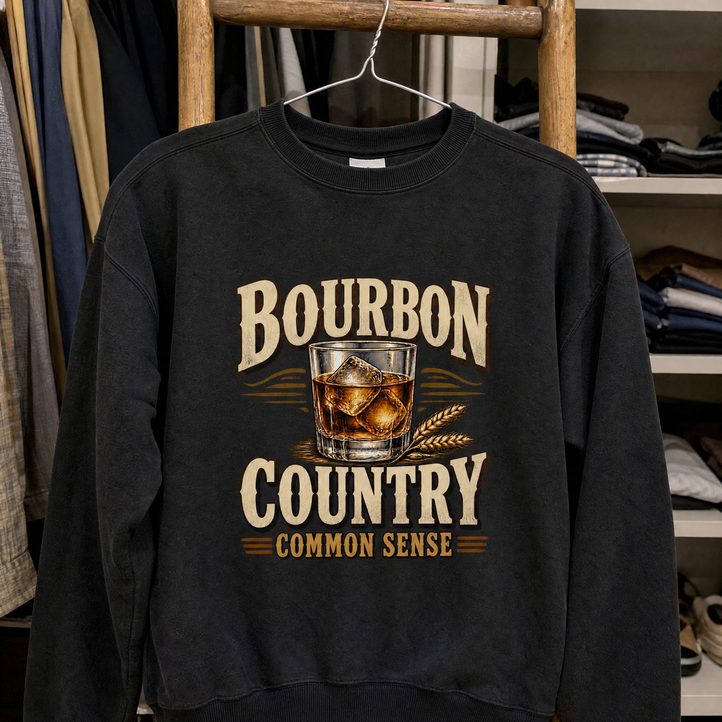 Black vintage sweatshirt with printed Bourbon Country Common Sense design and whiskey glass
