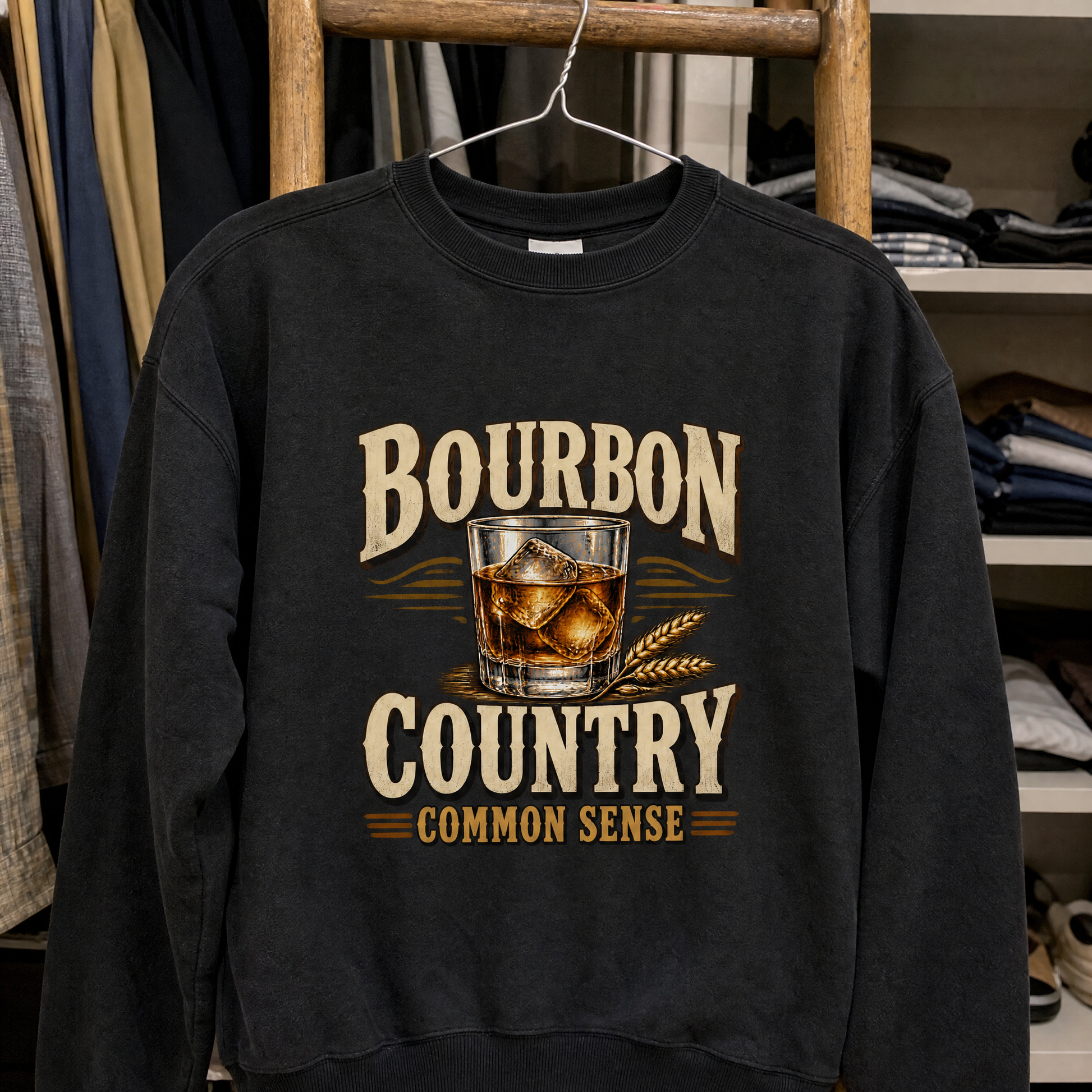 Black vintage sweatshirt with printed Bourbon Country Common Sense design and whiskey glass