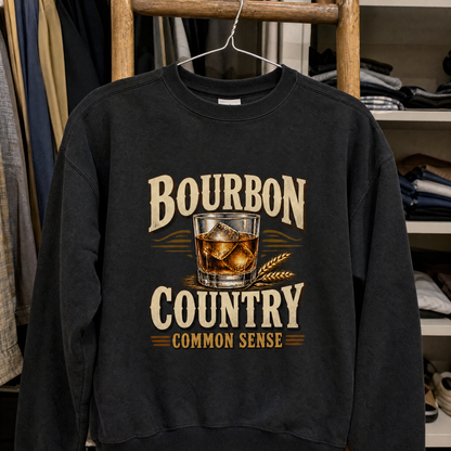 Black vintage sweatshirt with printed Bourbon Country Common Sense design and whiskey glass