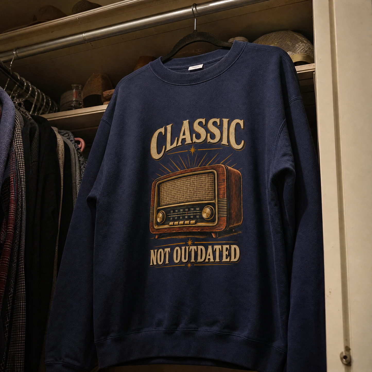44 classic not outdated printed vintage sweatshirt hanging for display