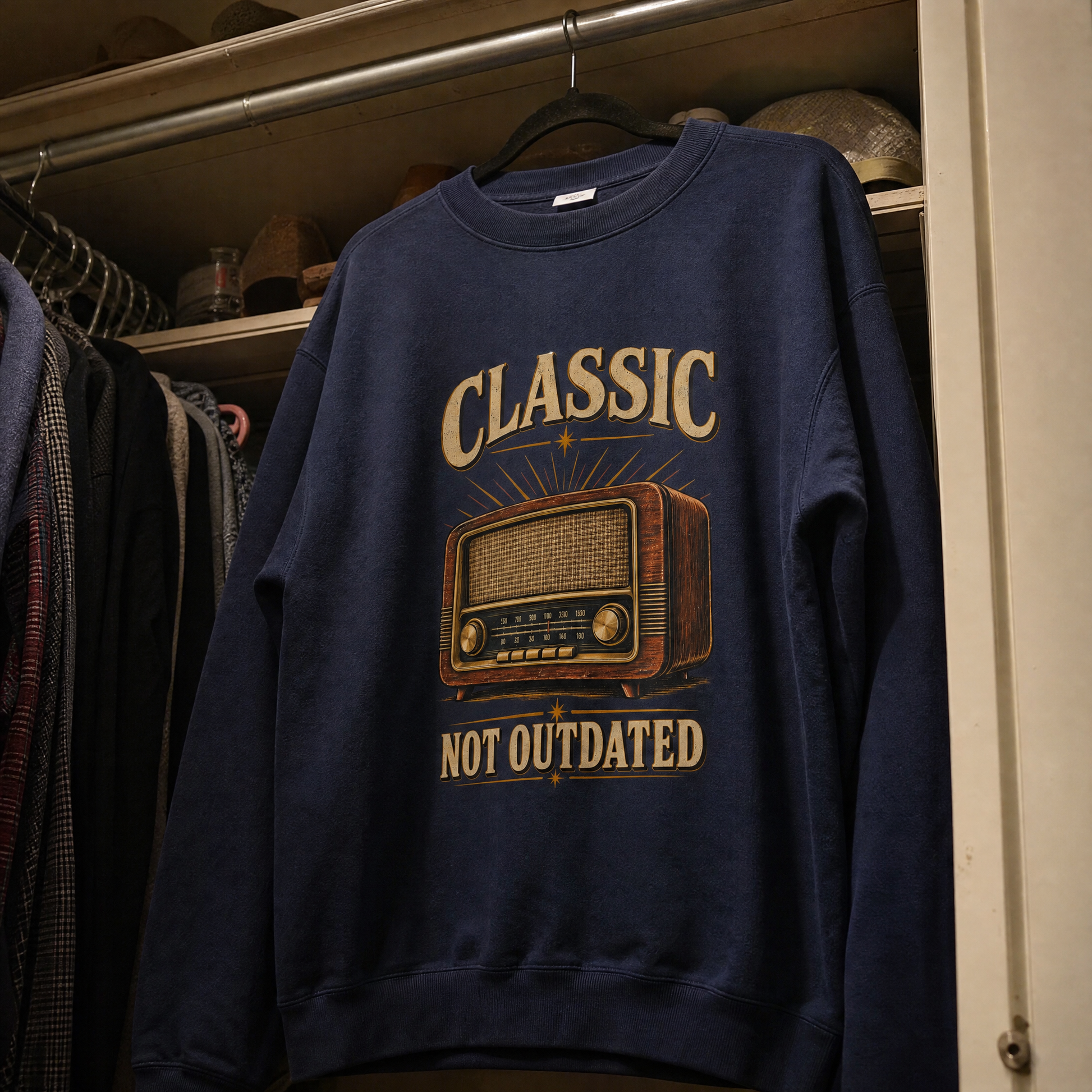 44 classic not outdated printed vintage sweatshirt hanging for display