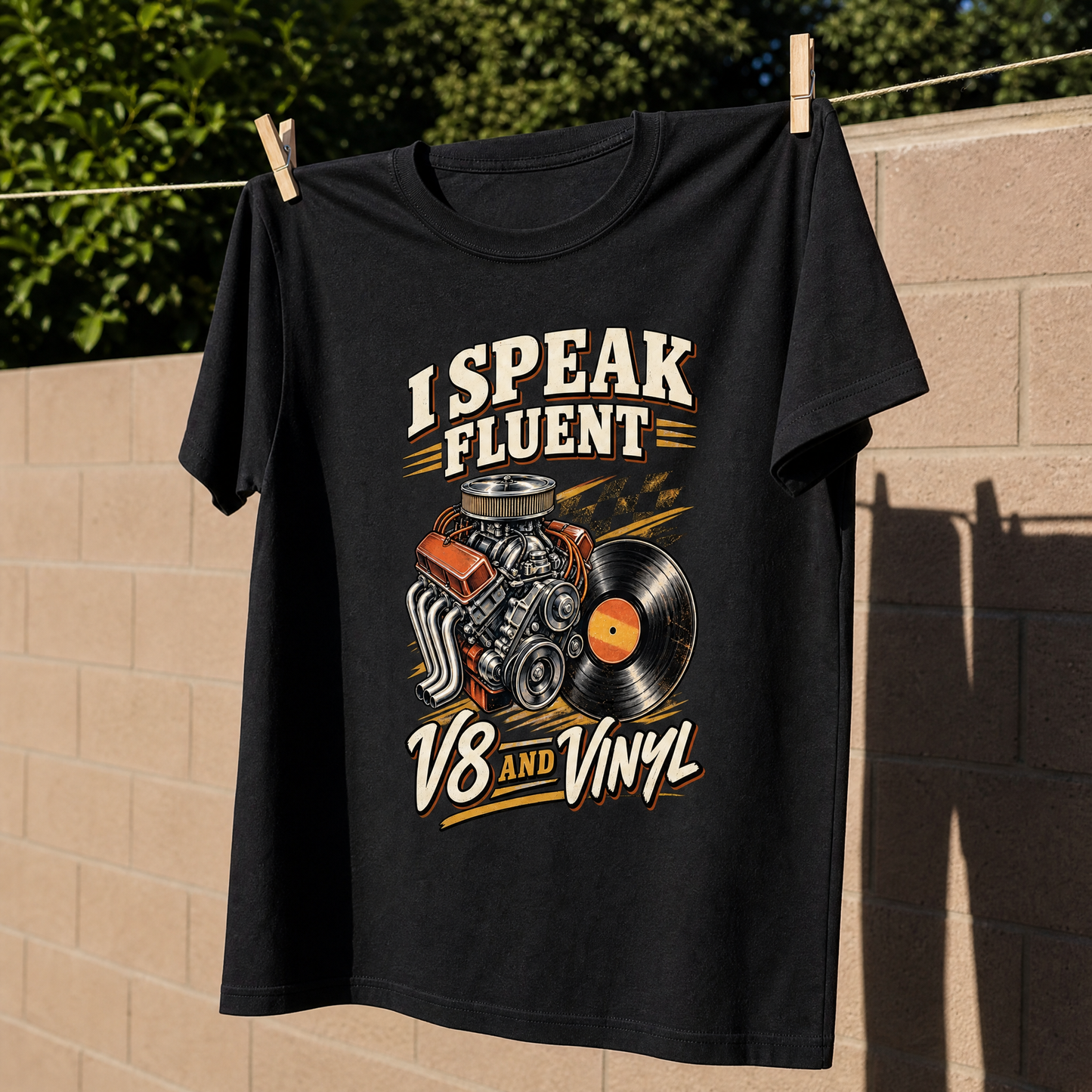 32 v8 and vinyl ideogram 4x vintage t-shirt with printed slogan, hanging view