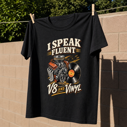 32 v8 and vinyl ideogram 4x vintage t-shirt with printed slogan, hanging view