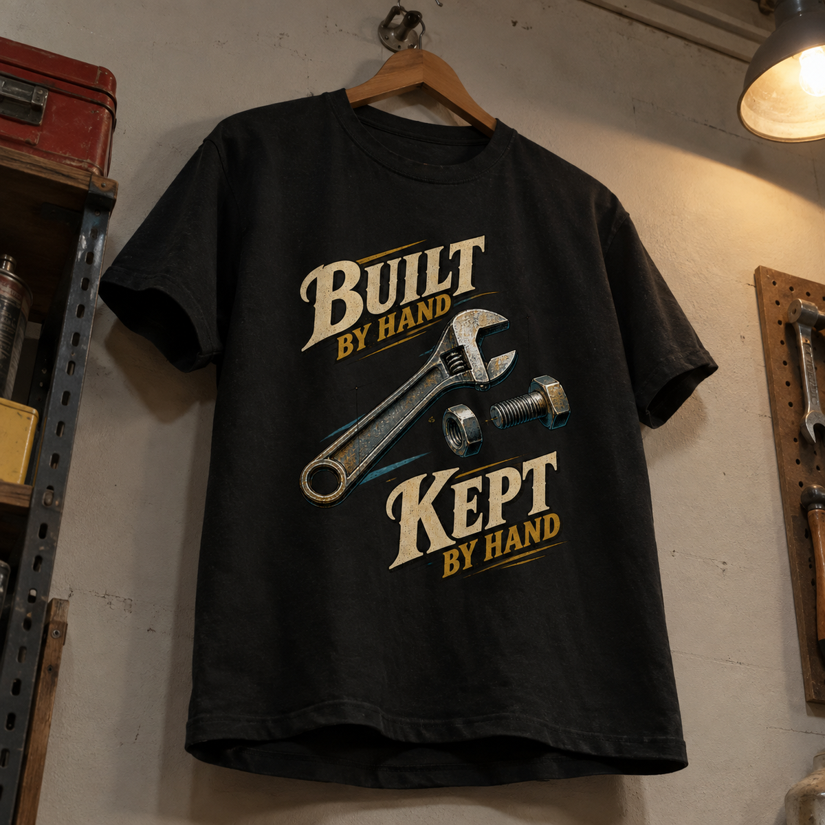 Black vintage t-shirt hanging with Build By Hand. Keep It By Hand slogan, wrench design.