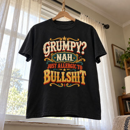 Black vintage t-shirt hanging by window with printed Grumpy? Nah. Just Allergic To Bullshit
