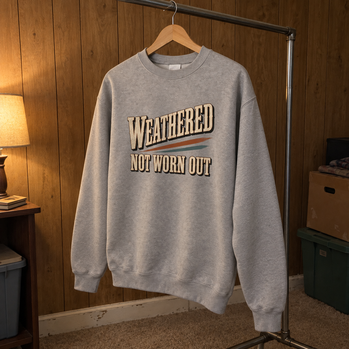 Gray vintage sweatshirt hanging on a rack with printed Weathered Not Worn Out slogan