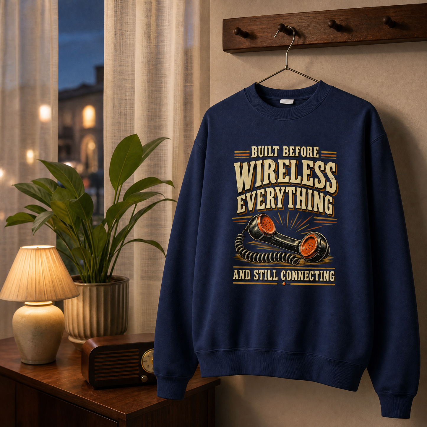 Navy vintage sweatshirt with printed “Built Before Wireless Everything And Still Connecting” slogan, hanging view