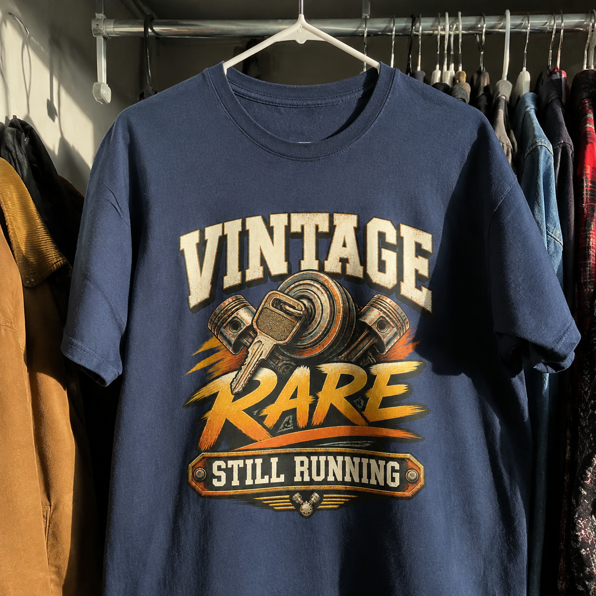 Navy vintage t-shirt hanging with printed Vintage Rare Still Running slogan design
