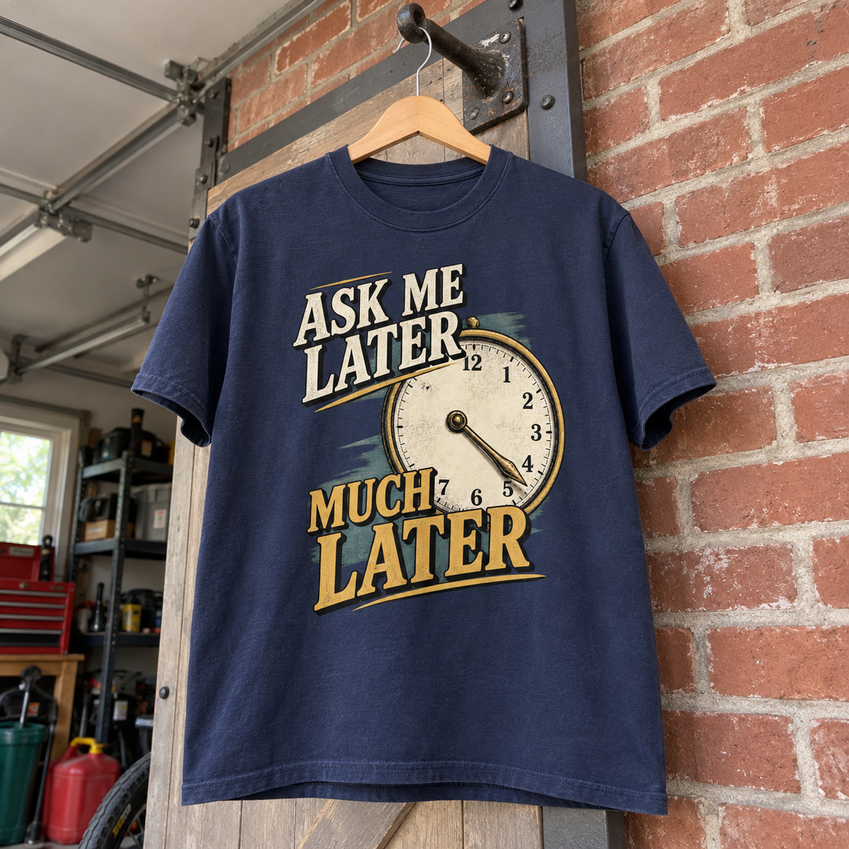 Navy vintage t-shirt hanging against brick wall, printed Ask Me Later Much Later clock design.